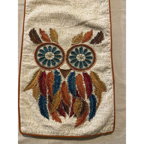 NWT Luxe Habitat Table Runner Boho Beaded Embroidered Owl Thanksgiving Fall - Picture 4 of 8
